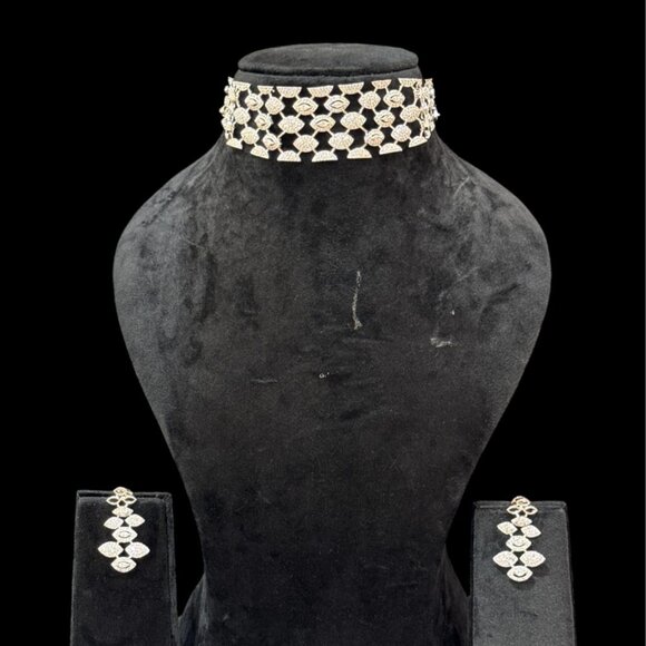 Designer Silver-Plated Diamond Look Choker Necklace with Long Drop Earrings - Picture 1 of 2